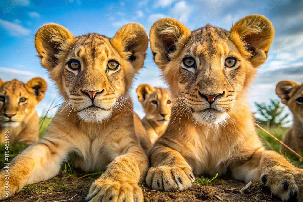 Obraz premium Two lion cubs in foreground with others in background, looking at camera.