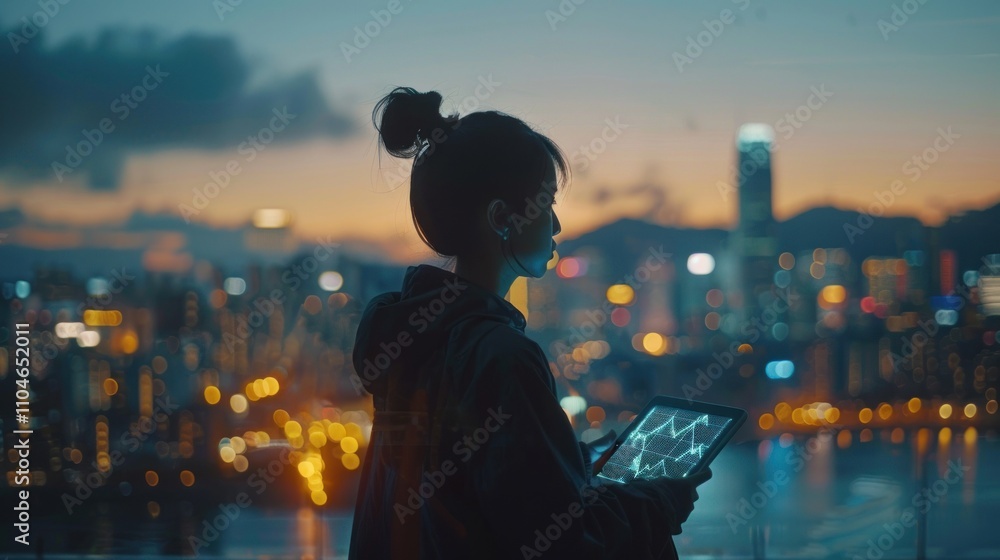 Woman reviewing data on tablet at night, cityscape background. Woman reviewing data on tablet at night, cityscape background.