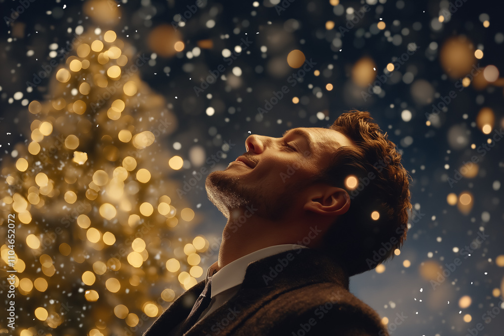 Pensive Man Gazing in Awe at Shimmering Snowfall in the Magical Night Pensive Man Gazing in Awe at Shimmering Snowfall in the Magical Night