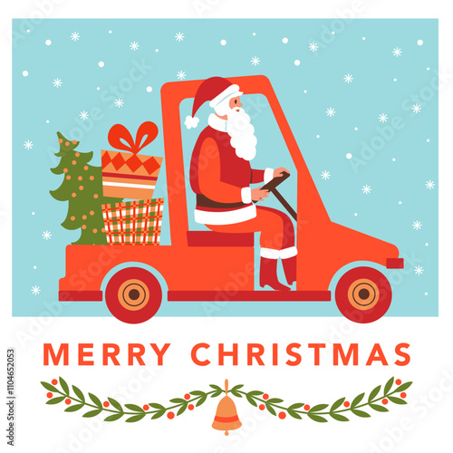 Santa Claus in golf cart. Vector illustration for Christmas card, poster, seasonal decoration