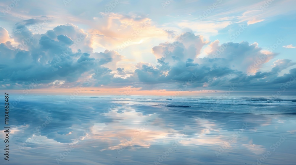 Serene ocean reflecting sunrise sky with clouds. Serene ocean reflecting sunrise sky with clouds.