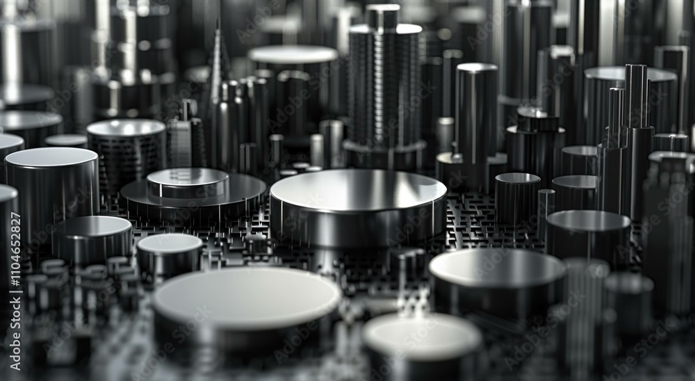 Abstract metallic cityscape with cylindrical and circular shapes, reflecting light, representing technological advancement and innovation in a modern industrial environment. Abstract metallic cityscape with cylindrical and circular shapes, reflecting light, representing technological advancement and innovation in a modern industrial environment.