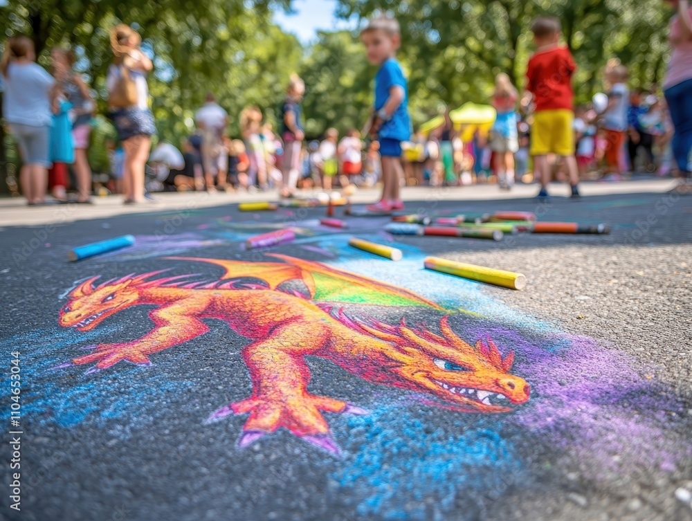 Fototapeta premium Dzieci rysujące smoki kredą na ziemi, selektywne skupienie, radość sztuki ulicznej, surrealistyczne, sylwetka, tło festiwalu chodnikowego