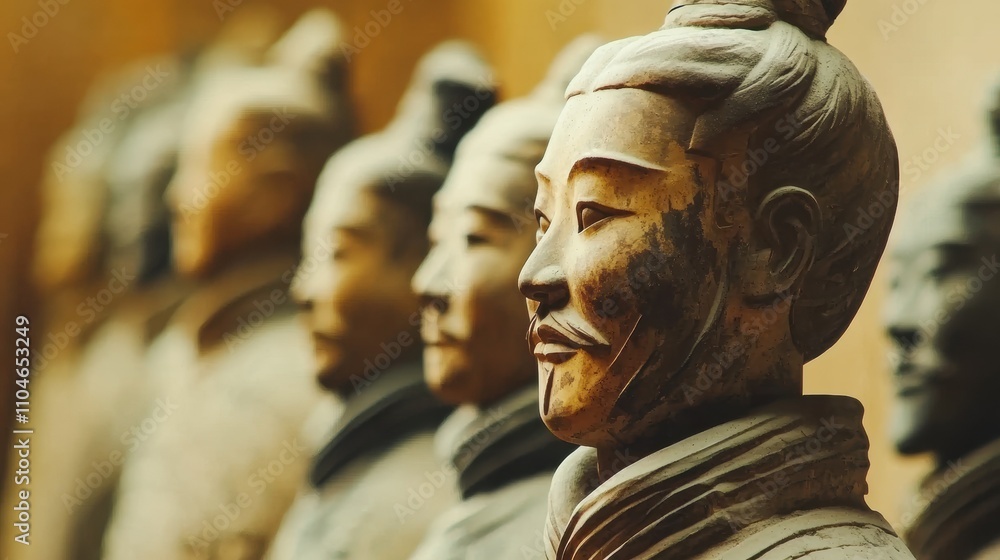 Close-up of weathered terracotta army statues, showcasing intricate details and solemn expressions. Close-up of weathered terracotta army statues, showcasing intricate details and solemn expressions.