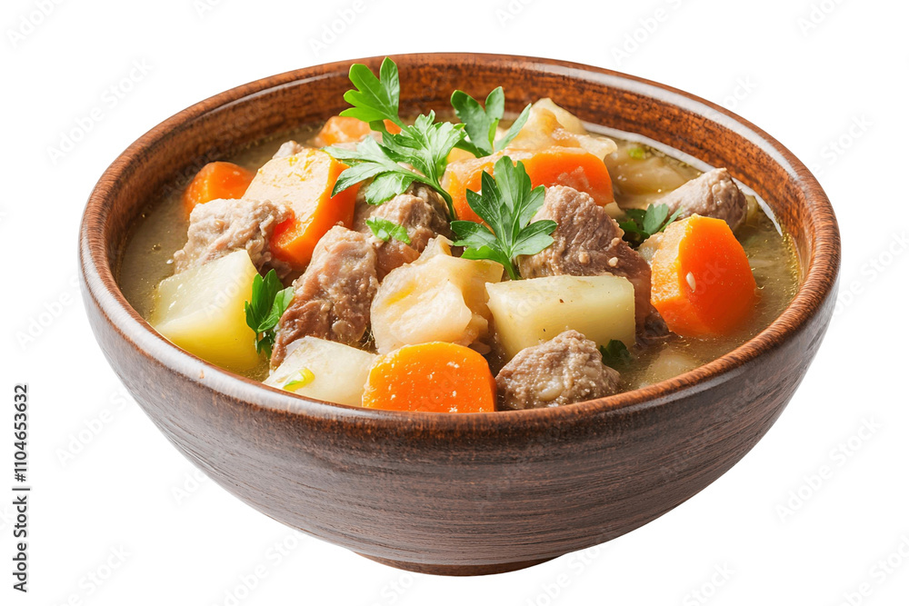 A bowl of soup with meat and carrots isolated on transparent background A bowl of soup with meat and carrots isolated on transparent background