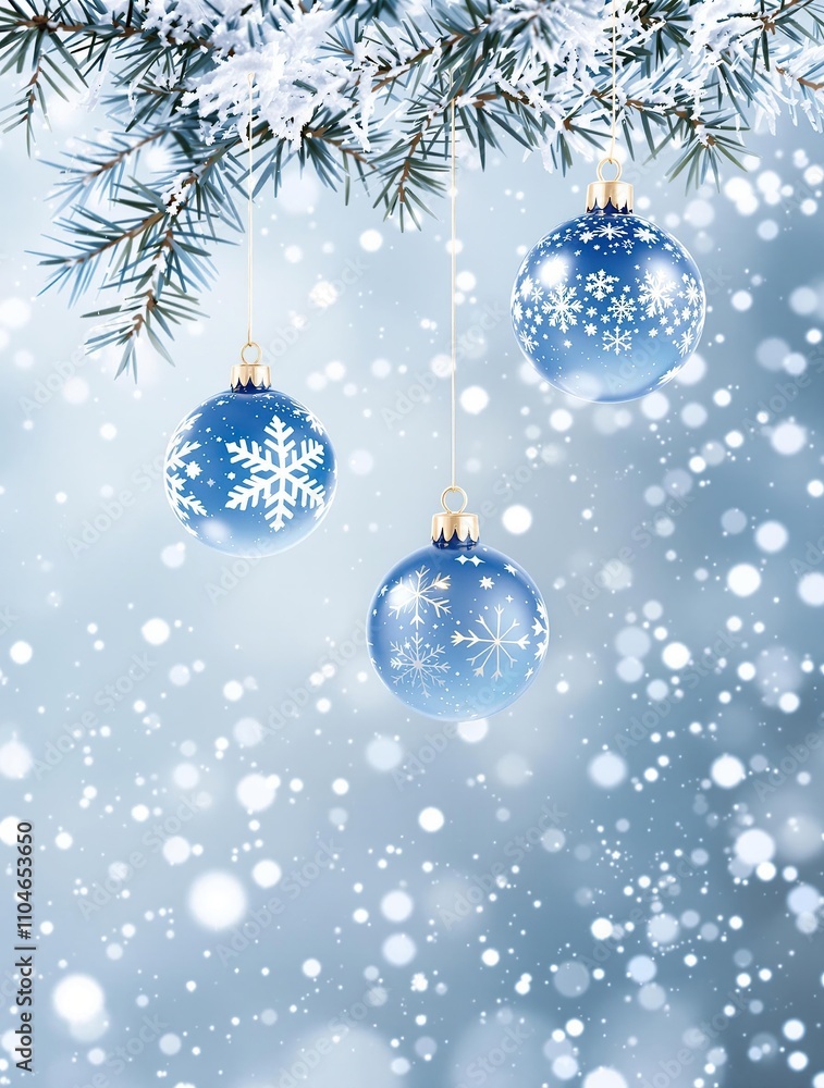 Navy Christmas ornaments suspended from a branch of fir tree amidst a flurry of snowflakes, snowflake ornaments, winter wonderland, twinkle lights Navy Christmas ornaments suspended from a branch of fir tree amidst a flurry of snowflakes, snowflake ornaments, winter wonderland, twinkle lights