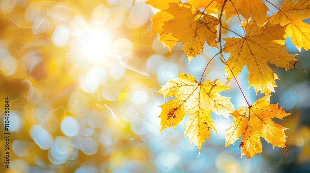 Yellow maple leaves illuminated by sunlight on a vibrant autumn day. Yellow maple leaves illuminated by sunlight on a vibrant autumn day.