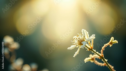 A single frost-covered blossom illuminated by the morning sun