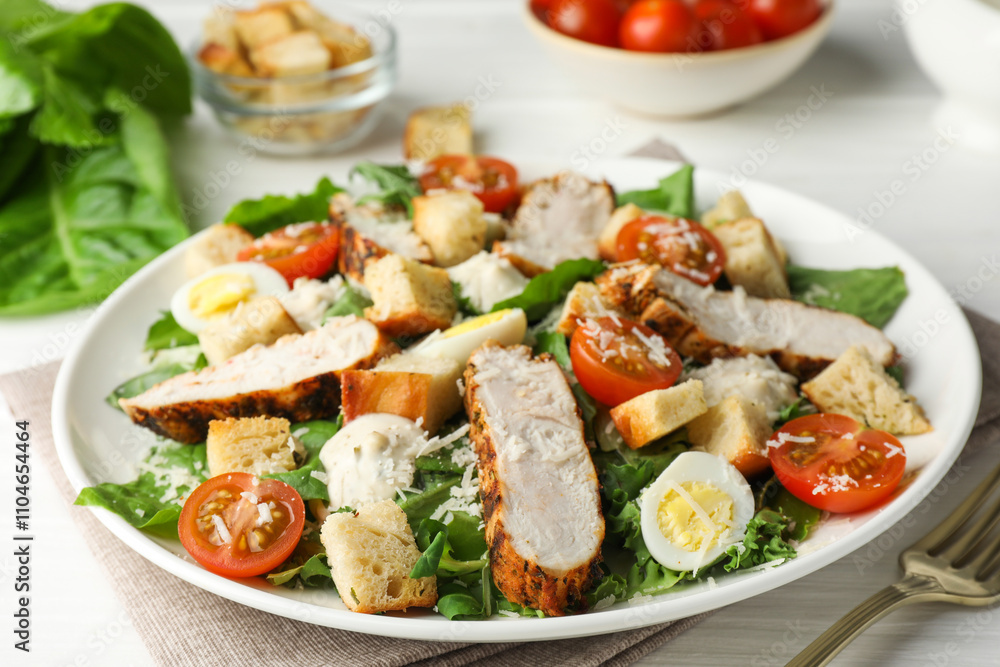 Tasty Caesar salad with chicken and tomatoes on white wooden table, closeup Tasty Caesar salad with chicken and tomatoes on white wooden table, closeup