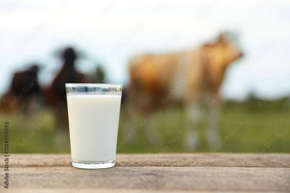 Fresh milk in glass on wooden table and cows grazing outdoors, selective focus Fresh milk in glass on wooden table and cows grazing outdoors, selective focus