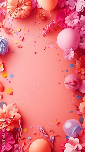 Festive Pastel Pink Birthday Party Background with Paper Flowers and Balloons