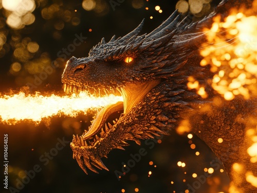 Close-up of a dragon s fiery breath effect focus on, heat of tradition, ethereal, Composite, theatrical stage backdrop photo