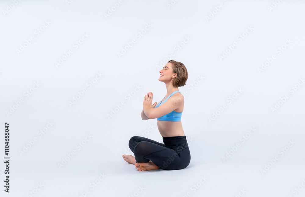 Full body length gaiety shot athletic and sporty woman doing healthy and meditative yoga exercise workout posture on isolated background. Healthy active and body care lifestyle Full body length gaiety shot athletic and sporty woman doing healthy and meditative yoga exercise workout posture on isolated background. Healthy active and body care lifestyle