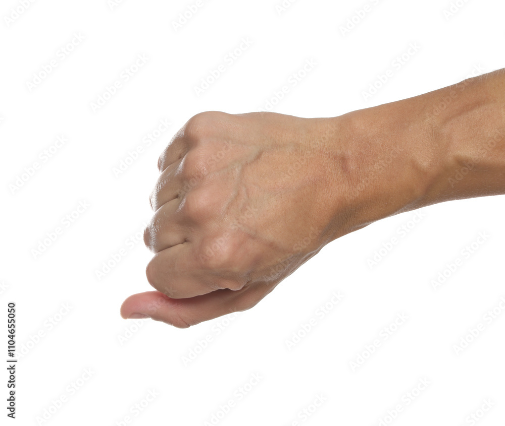 Man with bulging veins on his arm against white background, closeup Man with bulging veins on his arm against white background, closeup