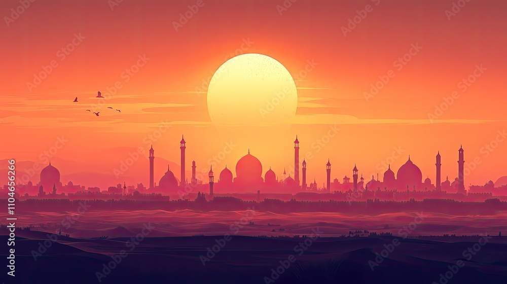 Sunset over a desert city with numerous domes and minarets silhouetted against a large, bright sun. Sunset over a desert city with numerous domes and minarets silhouetted against a large, bright sun.