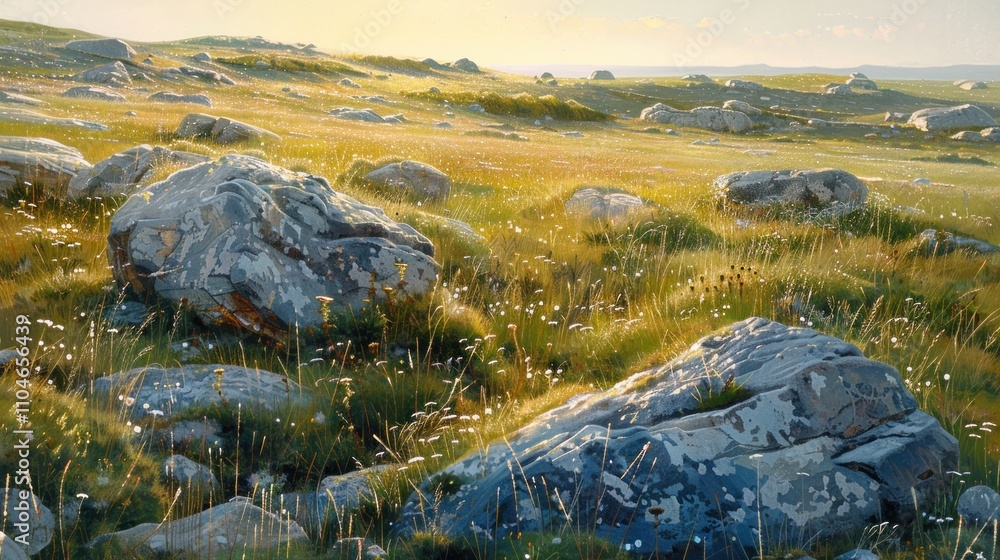 Golden hour sunlight illuminates a grassy field scattered with large rocks. Golden hour sunlight illuminates a grassy field scattered with large rocks.
