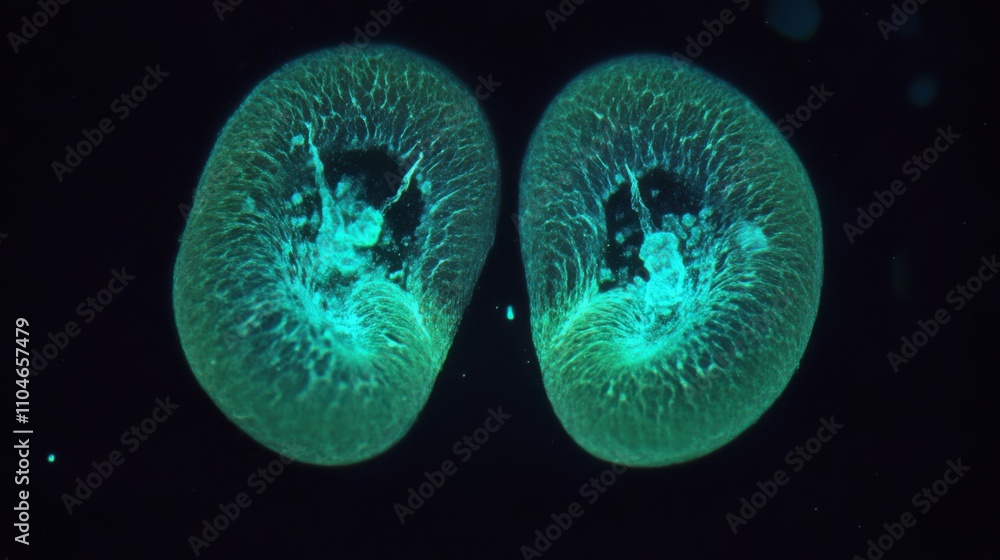 Microscopic View of Fluorescent Biological Cells Highlighting the Intricate Structures and Patterns Surrounded by a Dark Background for Scientific Exploration and Education Microscopic View of Fluorescent Biological Cells Highlighting the Intricate Structures and Patterns Surrounded by a Dark Background for Scientific Exploration and Education