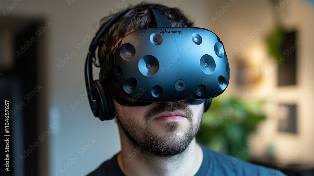 Man wearing VR headset, experiencing virtual reality. Man wearing VR headset, experiencing virtual reality.