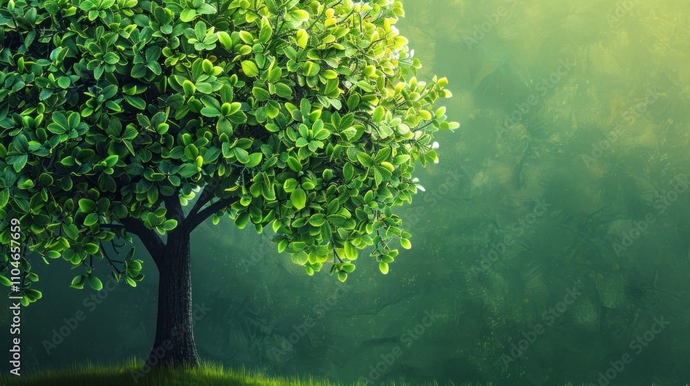 Lush green tree in misty forest.