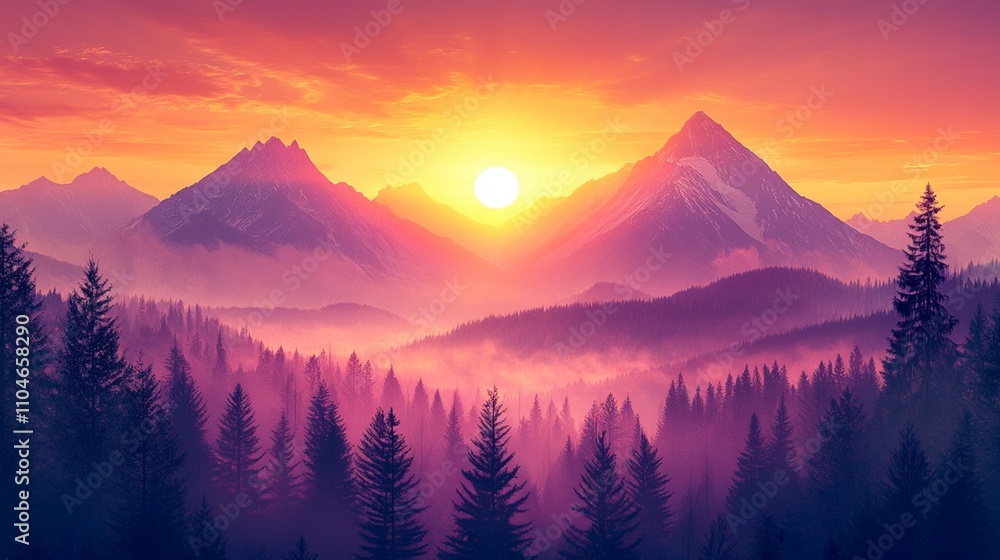 A gorgeous mountain landscape during sunrise, highlighted by a striking foggy view of mountain and forest silhouettes, suitable for vector illustration.
A gorgeous mountain landscape during sunrise, highlighted by a striking foggy view of mountain and forest silhouettes, suitable for vector illustration.