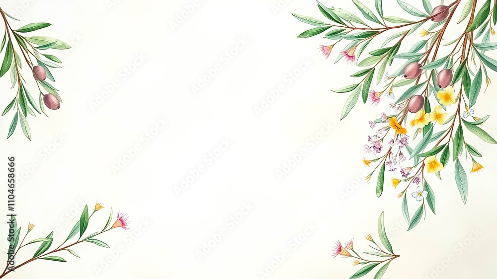 Elegant Floral Frame with Olives and Blossoms, Perfect for Invitations or Announcements Elegant Floral Frame with Olives and Blossoms, Perfect for Invitations or Announcements