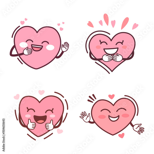 Collection of Cute Warm Kind Pink Heart Love Cartoon Character with Happy Smile Expression