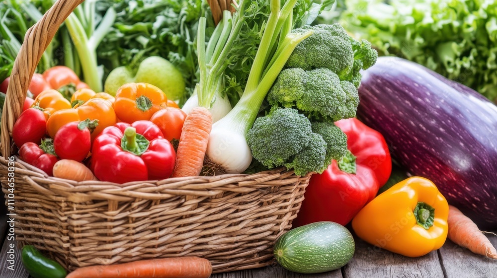 Fresh and Colorful Vegetable Basket with Broccoli, Peppers, Carrots, and Green Leaves on Wooden Table in Bright Natural Light for Healthy Lifestyle Concept Fresh and Colorful Vegetable Basket with Broccoli, Peppers, Carrots, and Green Leaves on Wooden Table in Bright Natural Light for Healthy Lifestyle Concept
