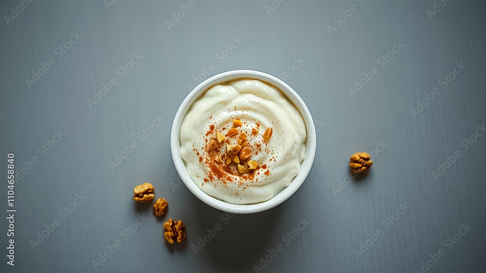 Creamy dessert topped with nuts and a sprinkle of spice in a small bowl Creamy dessert topped with nuts and a sprinkle of spice in a small bowl