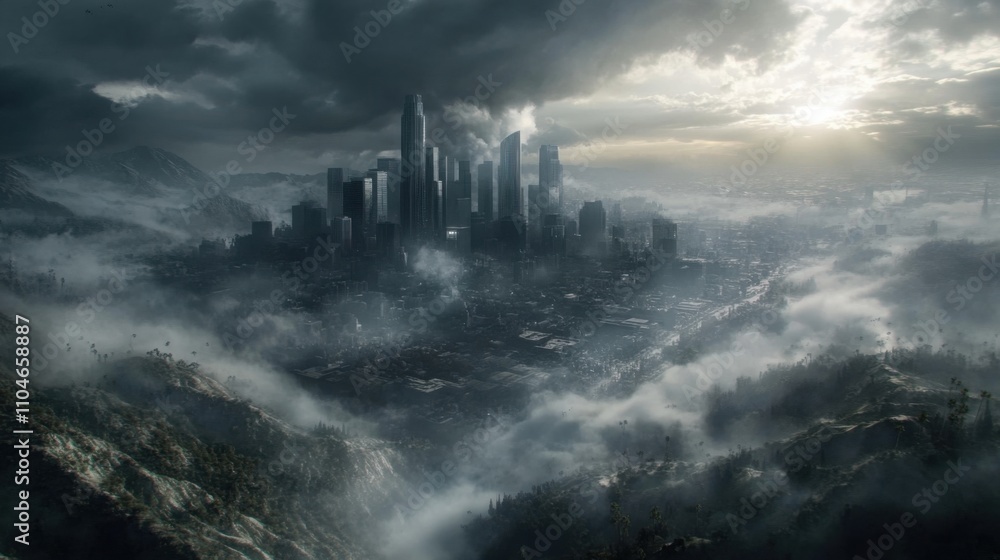 Surreal Cityscape at Dawn: A Dramatic Overhead View of a Futuristic Metropolis Shrouded in Mist and Clouds, Capturing an Atmosphere of Mystery and Intrigue Surreal Cityscape at Dawn: A Dramatic Overhead View of a Futuristic Metropolis Shrouded in Mist and Clouds, Capturing an Atmosphere of Mystery and Intrigue