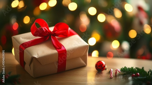 Wallpaper Mural A beautifully wrapped gift with a red ribbon sits on a wooden surface in front of a bokeh background of Christmas lights. Torontodigital.ca