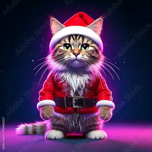 Sad cat in santa claus hat, Christmas time