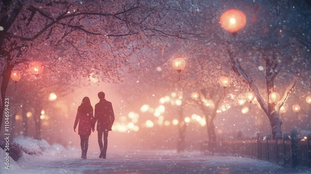 Couple walking hand-in-hand through a snow-covered path, illuminated by warm lights. Couple walking hand-in-hand through a snow-covered path, illuminated by warm lights.