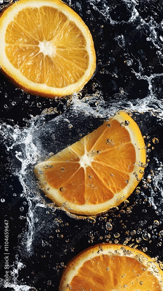 Fresh orange slices splashing in water against a dark background.