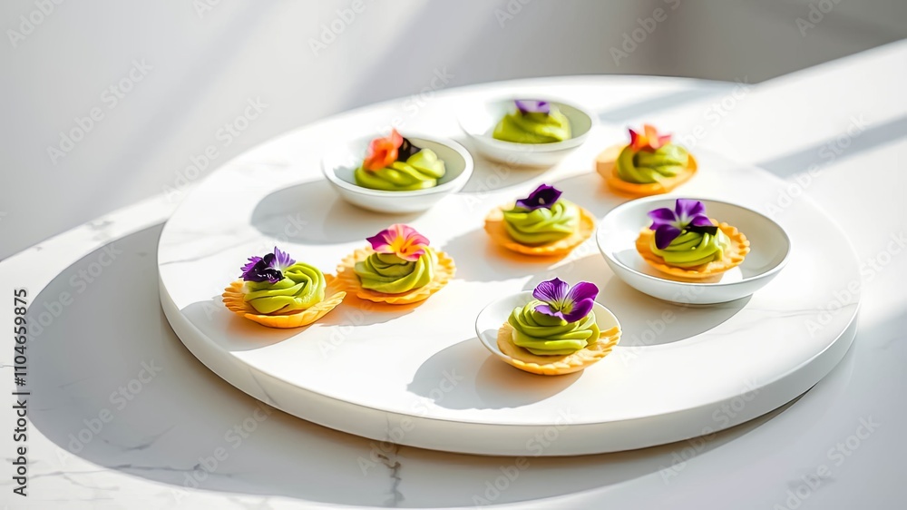 Elegant Appetizers Featuring Creamy Green Filling and Delicate Edible Flowers on a Round Platter Elegant Appetizers Featuring Creamy Green Filling and Delicate Edible Flowers on a Round Platter