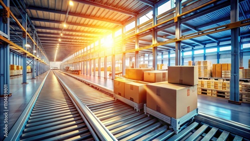 Bright Clean Warehouse with Sunlit Conveyor Belt Moving Parcels - High Depth of Field, Logistics, Shipping, Supply Chain, Modern Facility, Industrial Environment