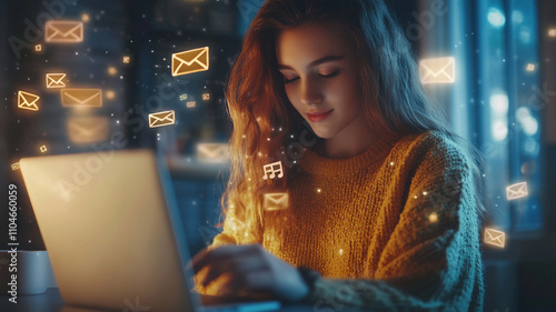 Woman engages with digital content while seated at a cozy workspace in the evening