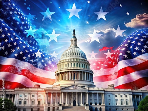 Capitol Building Double Exposure with Red, White, and Blue Stars for Election Campaigns and Social Media Engagement