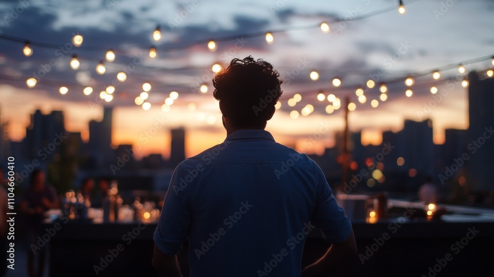 A man, seen from behind, stands at a rooftop party during sunset. The image captures social interaction, cityscape views, and a festive atmosphere with string lights A man, seen from behind, stands at a rooftop party during sunset. The image captures social interaction, cityscape views, and a festive atmosphere with string lights