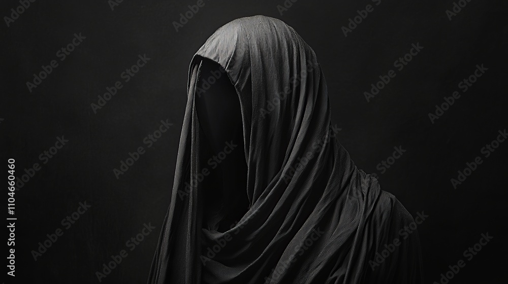 A mysterious figure draped in dark fabric, shrouded in shadows against a black background. A mysterious figure draped in dark fabric, shrouded in shadows against a black background.