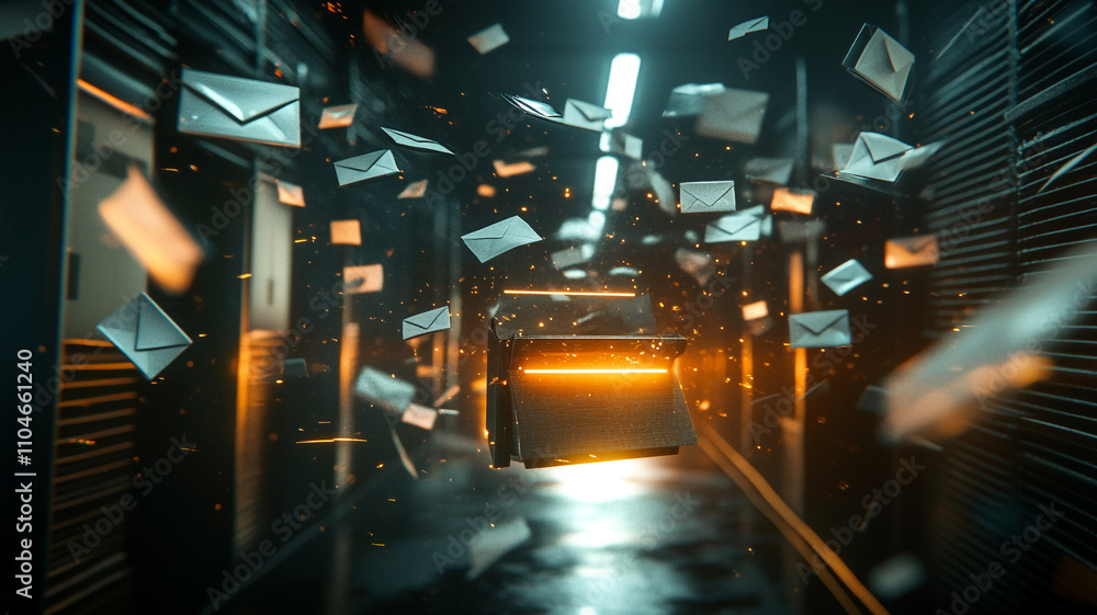 Letters and messages floating in a dimly lit corridor with a glowing mailbox