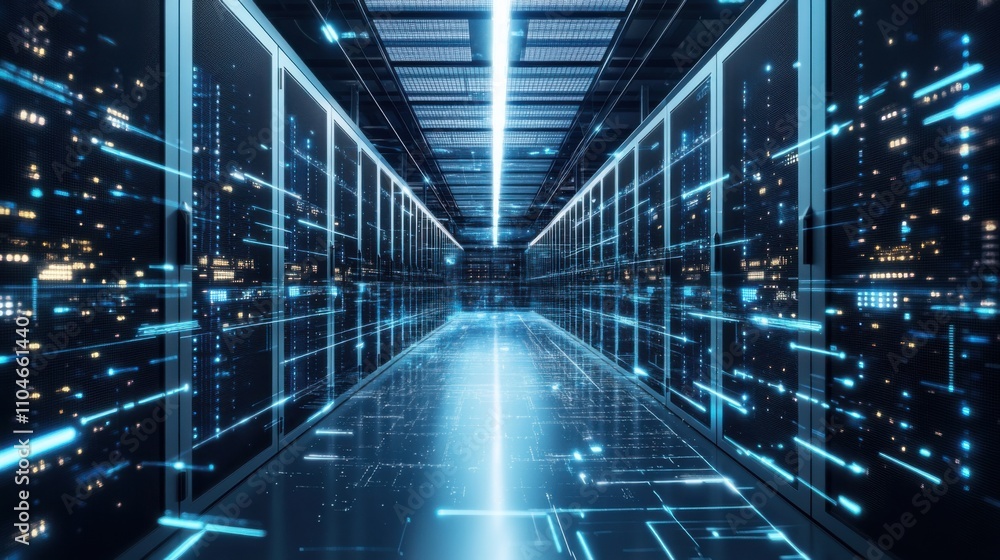A cutting-edge AI-powered data center, modern facility with advanced servers and cooling systems, IT style A cutting-edge AI-powered data center, modern facility with advanced servers and cooling systems, IT style