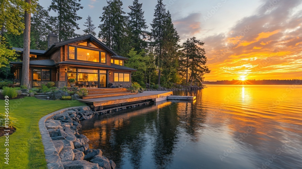 Fototapeta premium Lakeside luxury home at sunset.