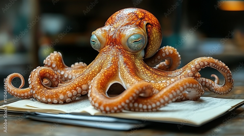 Obraz premium Orange Octopus Resting On An Open Book