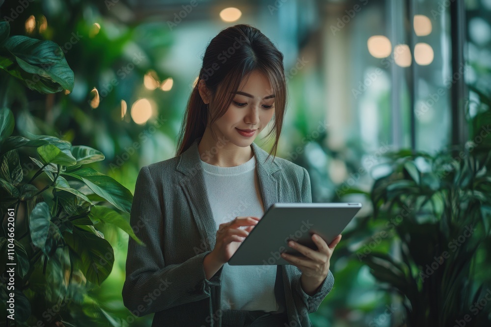 Fototapeta premium A woman wearing a black jacket and white shirt is looking at a tablet. Generative AI
