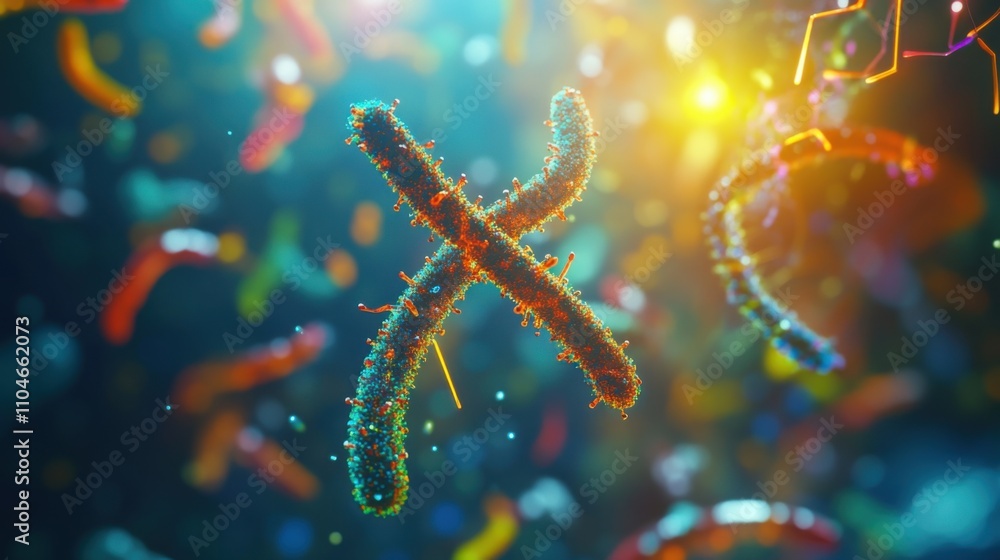 Abstract visualization of colorful DNA strands intertwined in a vibrant scientific background, showcasing the beauty of microscopic life and genetic structures in nature. Abstract visualization of colorful DNA strands intertwined in a vibrant scientific background, showcasing the beauty of microscopic life and genetic structures in nature.