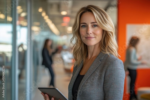 A woman is standing in a room with a tablet in her hand. Generative AI