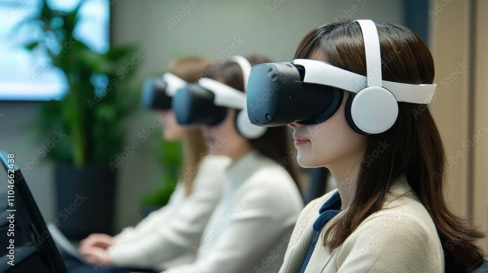 Three women are wearing virtual reality headsets. Generative AI Three women are wearing virtual reality headsets. Generative AI