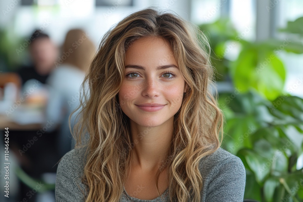 A woman with long blonde hair is smiling at the camera. Generative AI A woman with long blonde hair is smiling at the camera. Generative AI