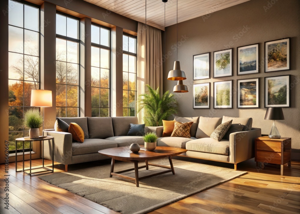 Cozy Living Room Interior with Panoramic Window and Poster Art for Modern Home Decor Inspiration Cozy Living Room Interior with Panoramic Window and Poster Art for Modern Home Decor Inspiration