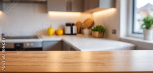 A blurred modern kitchen interior with a table, furniture, and sink, featuring a stylish design and contemporary decor in a spacious home with wooden accents, windows, and luxury finishes